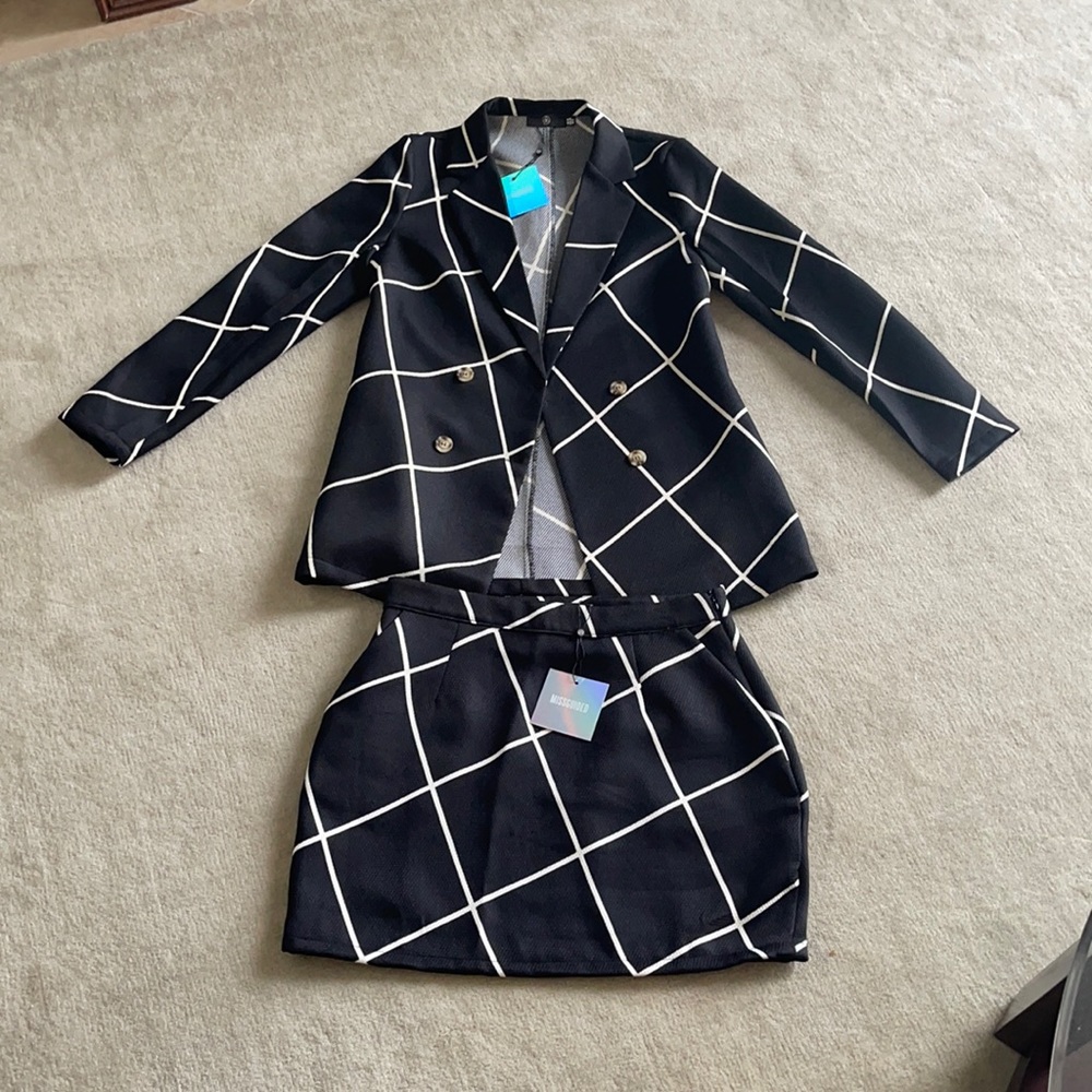 miss guided set blazer is a size 6 but fits very oversized and skirt is size 10